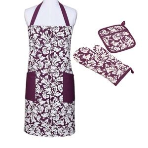 Damask Apron and Oven Mitt Set in Eggplant